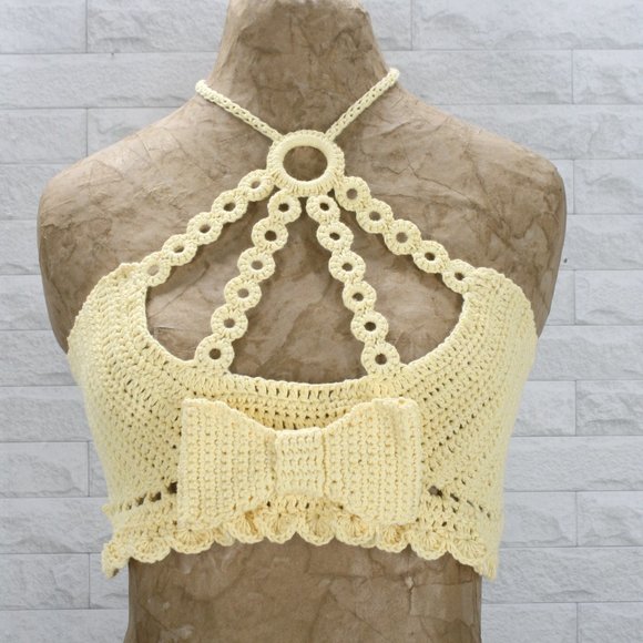 Hand Crafted Tops - HAND CRAFTED Crop Top Crochet Halter Bow Cut Out Circles Bralette Yellow Cotton